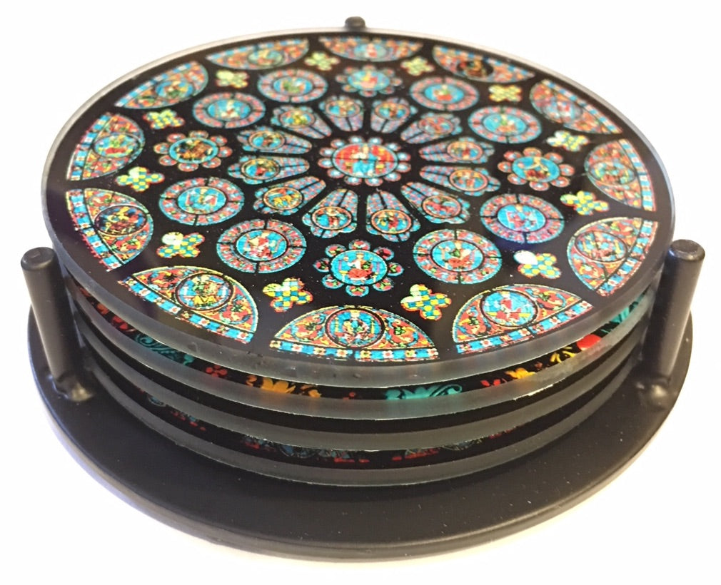 Hokusai Japanese Wave Flowers Glass Drink Bar Coasters Set of 4 with Storage Stand