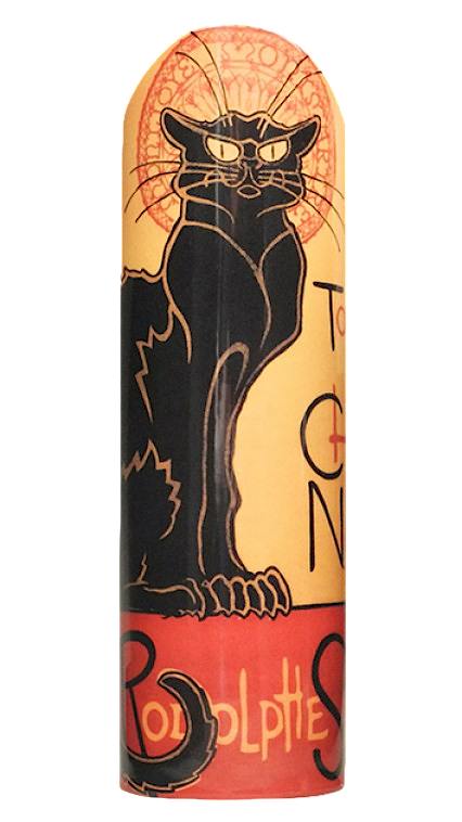 The Black Cat by Steinlen as full color image on ceramic flower vase.