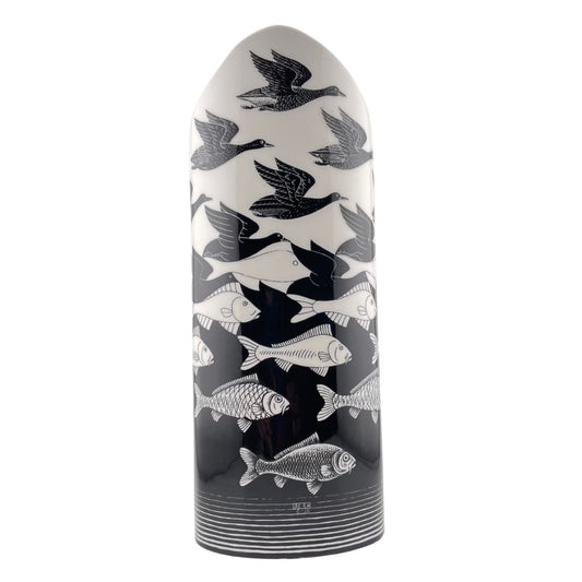Escher Air Water Birds Fish Tessellations Ceramic Oval Flower Vase