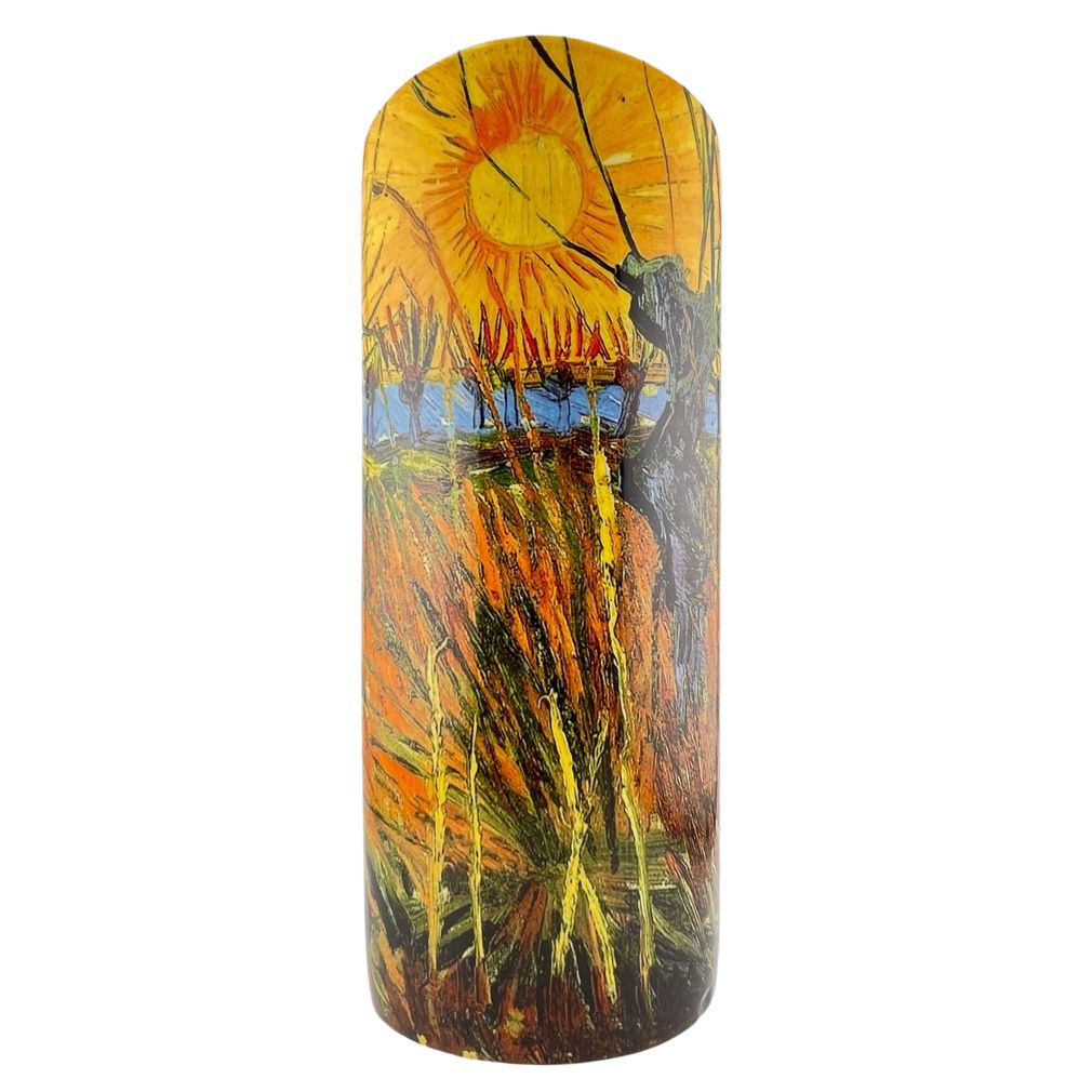 Van Gogh Pollard Willows at Sunset Landscape Ceramic Oval Yellow Orange Flower Vase 10.5H