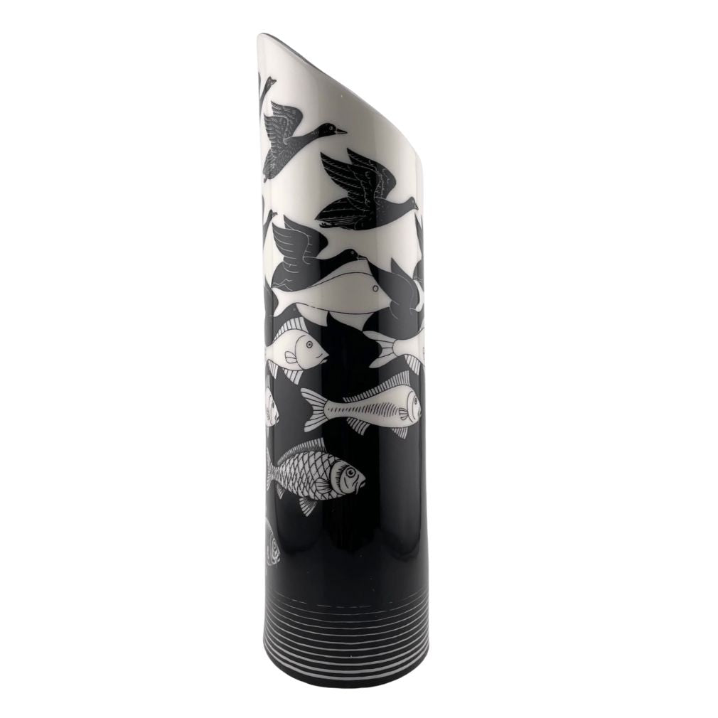 Escher Air Water Birds Fish Tessellations Ceramic Oval Flower Vase