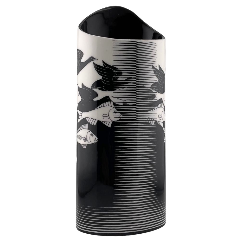 Escher Air Water Birds Fish Tessellations Ceramic Oval Flower Vase