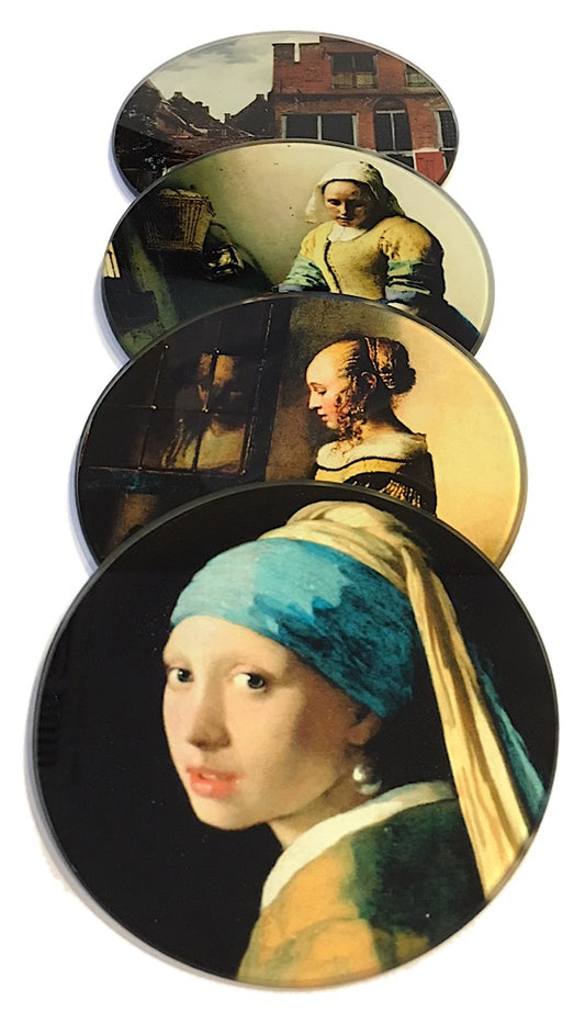 Vermeer Paintings Glass Coasters Set of 4 with Storage Stand
