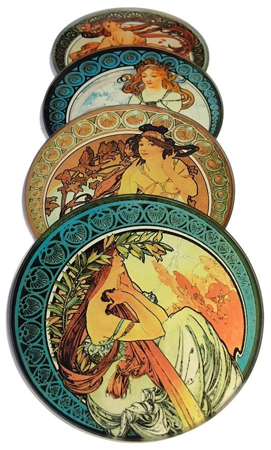 Mucha Paintings Glass Coasters Set of 4 with Storage Stand