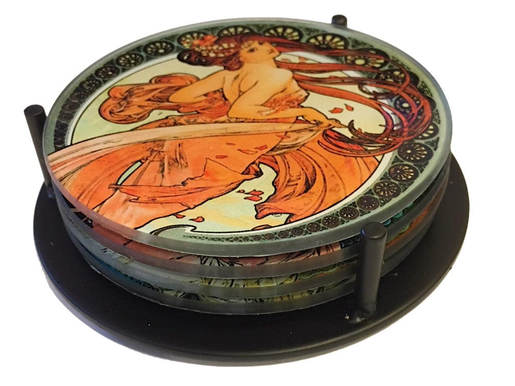 Mucha Paintings Glass Coasters Set of 4 with Storage Stand