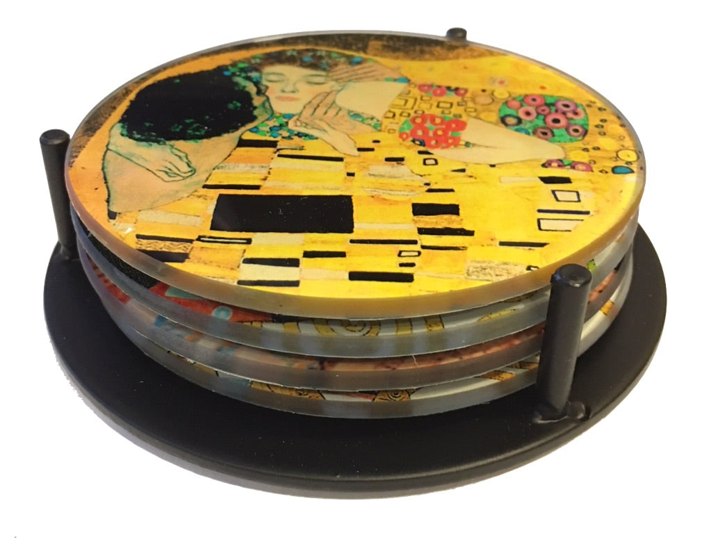 Klimt Paintings Glass Coasters Set of 4 with Storage Stand