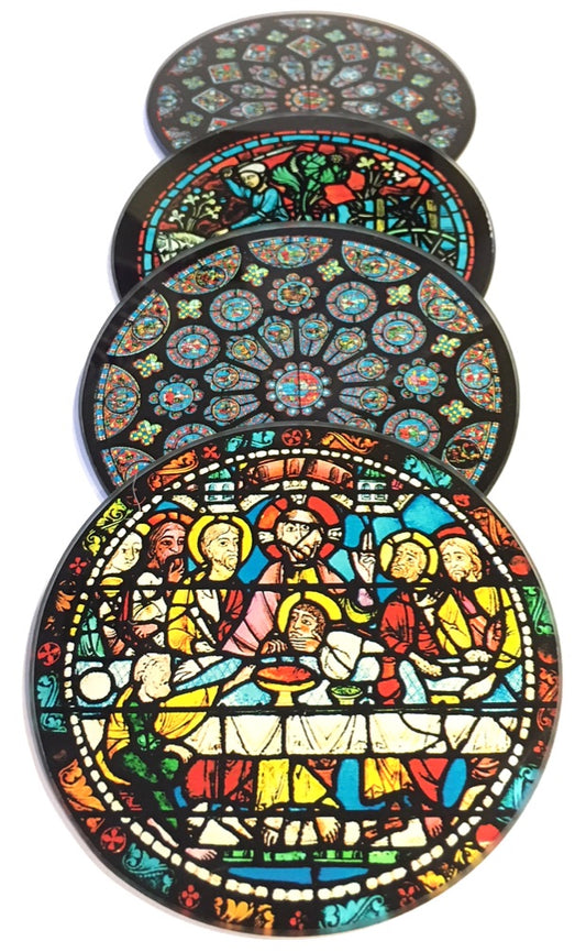 Chartres Cathedral Windows Glass Coasters Set of 4 with Storage Stand