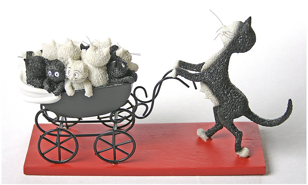 Proud Cat Mom Pushes Carriage Filled with Kittens Statue Figurine by Dubout