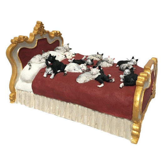 Dubout Cats Sleeping on Gold and Red Fancy Bed Figurine Statue