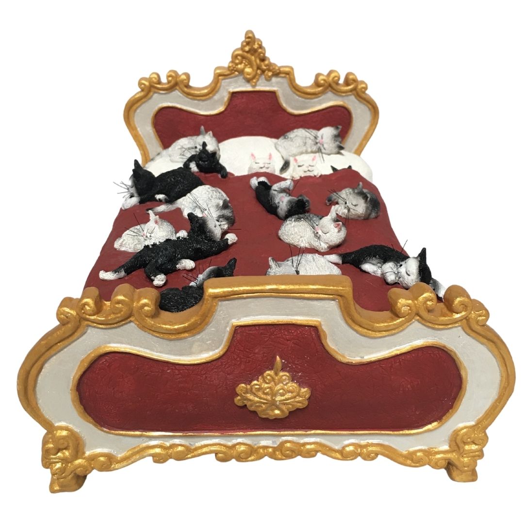 Dubout Cats Sleeping on Gold and Red Fancy Bed Figurine Statue