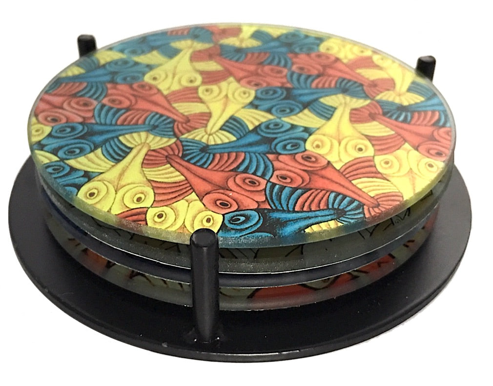 Escher Symmetry Birds Fish Geometric Bar Drink Glass Coasters Set of 4