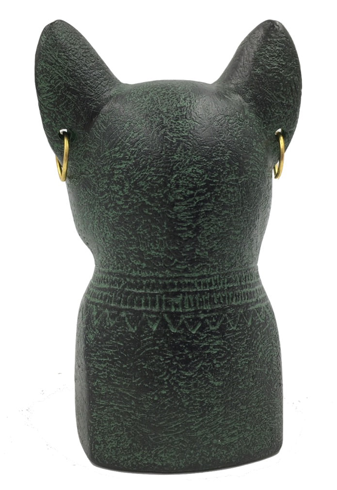 Bastet Cat Egyptian Bust with Earrings and Solar Disc Small Statue 3.4H