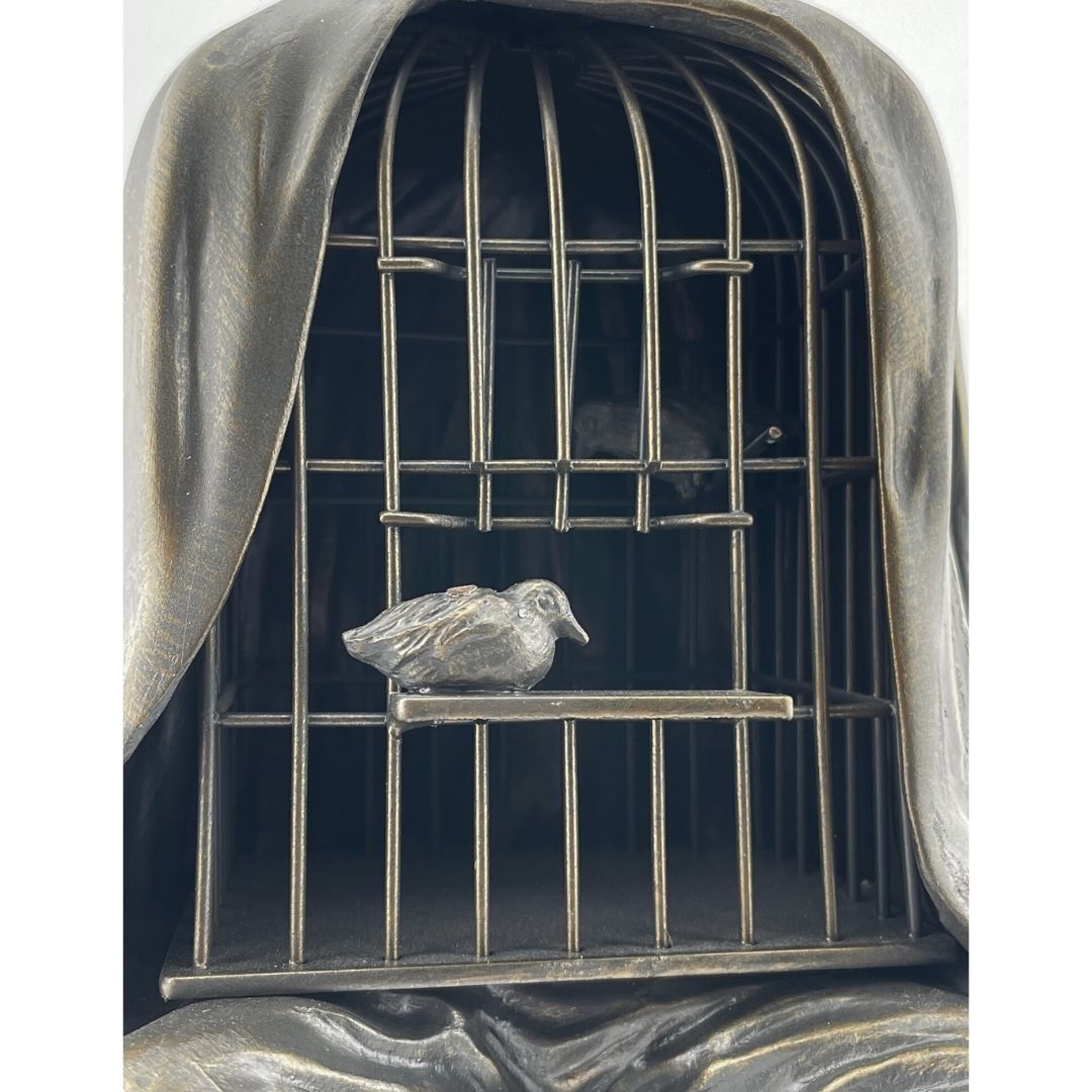 Magritte Healer (le Therapeute) Man with Birdcage Body Seated on Rock Surrealism Statue 7.75H