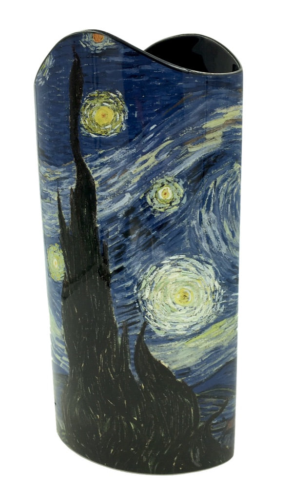 A ceramic flower oval vase featuring a reproduction of Van Gogh's Starry Night artwork on a blue background.