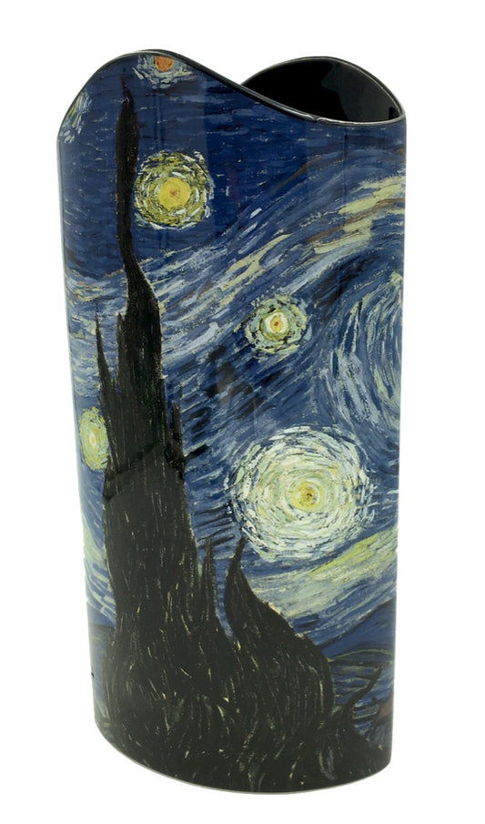 A ceramic flower oval vase featuring a reproduction of Van Gogh's Starry Night artwork on a blue background.