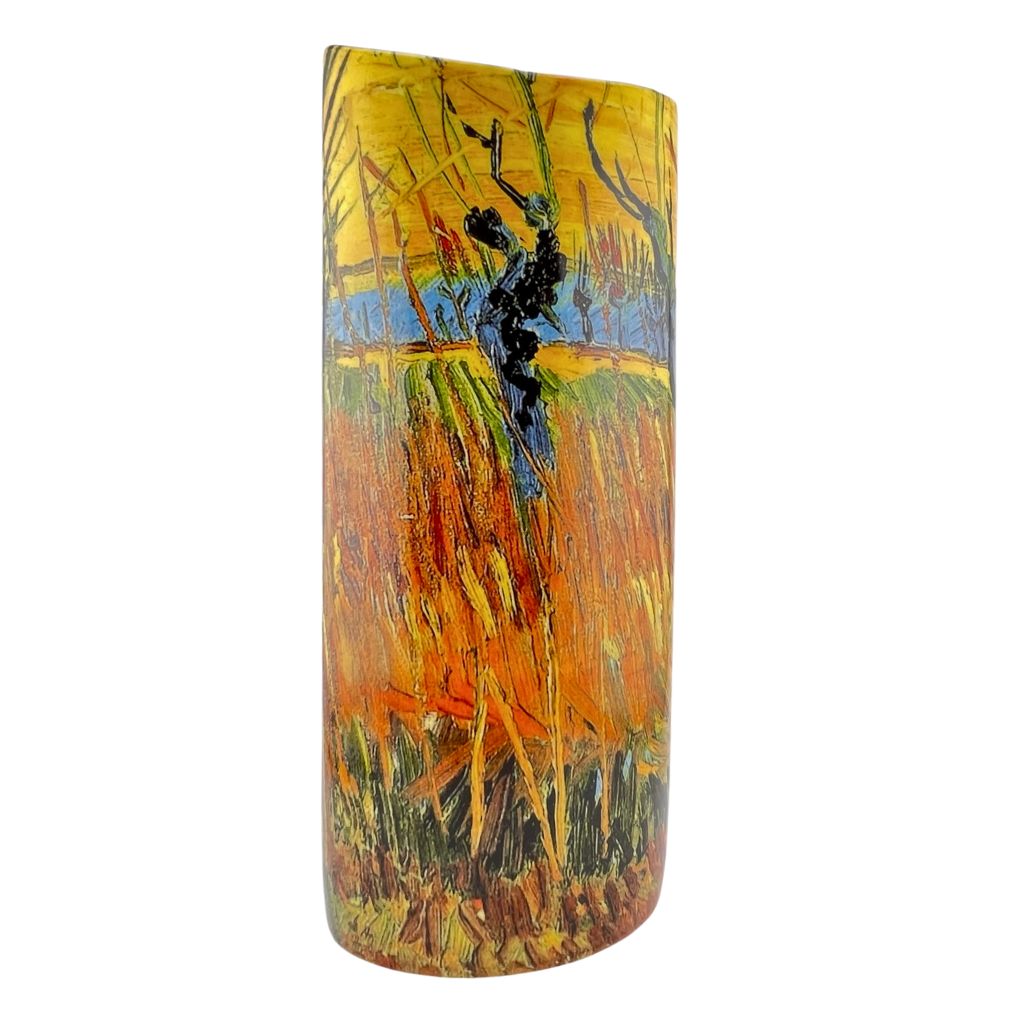 Van Gogh Pollard Willows at Sunset Landscape Ceramic Oval Yellow Orange Flower Vase 10.5H