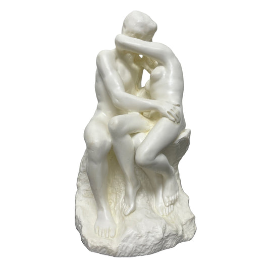 Compact Rodin The Kiss sculpture with expressive pose and white finish.