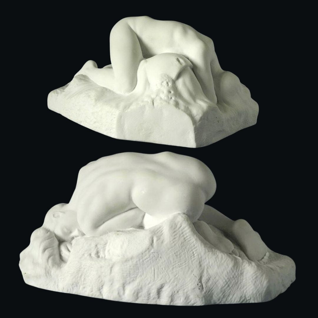 art gallery view of Rodin's Danaid woman on rock with natural human form