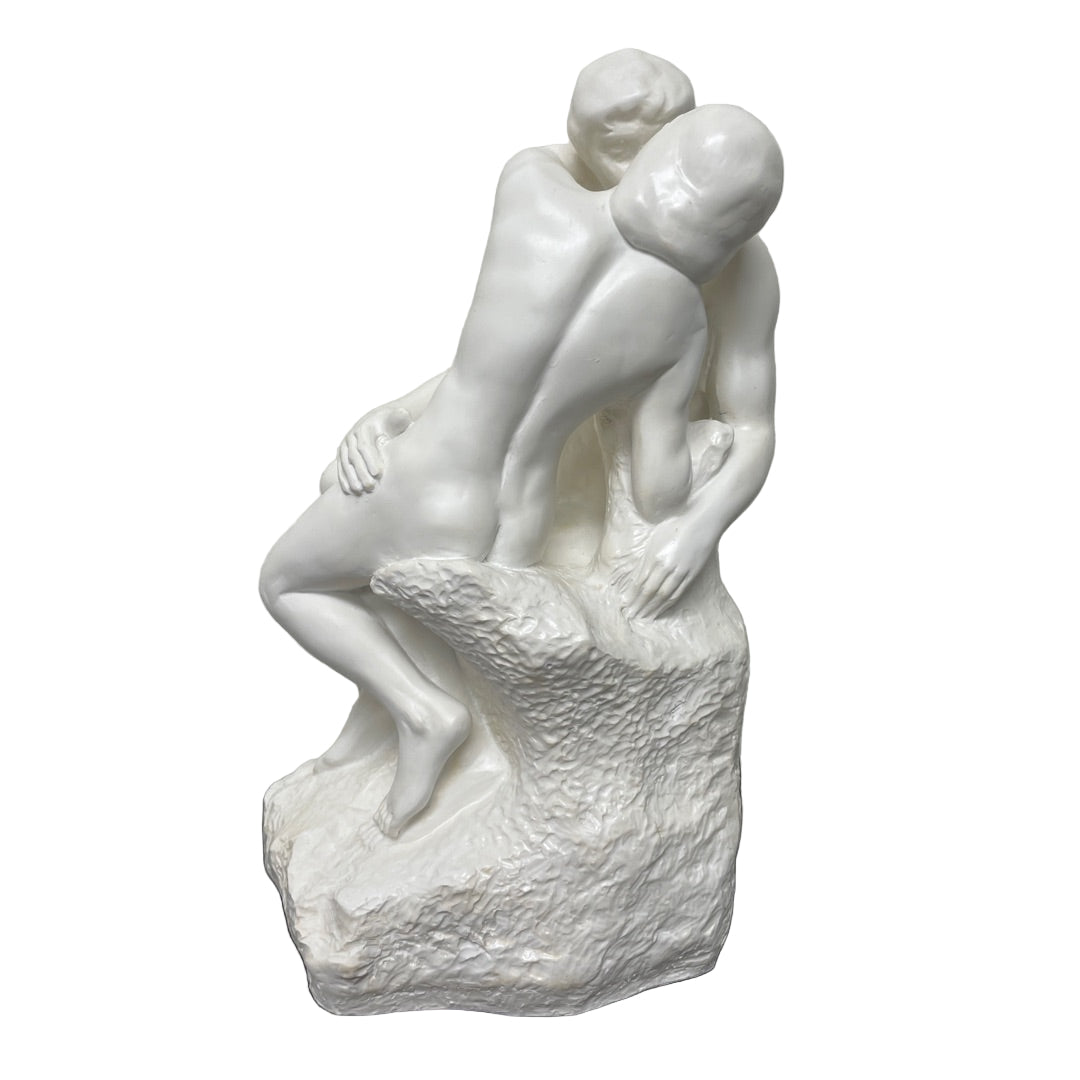 Side view Rodin The Kiss replica, 10-inch sculpture ideal for bookshelf display.