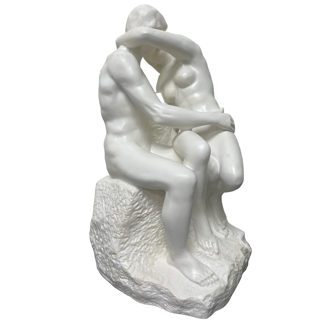 Rodin’s The Kiss statue in white finish, 10 inches tall for desk or shelf.