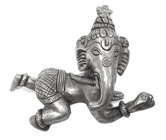 Crawling Baby Ganesh Small Statue, pewter over bronze