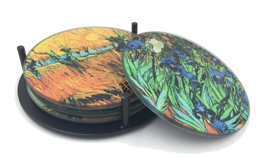 Van Gogh Paintings Glass Coasters Set of 4 with Storage Stand