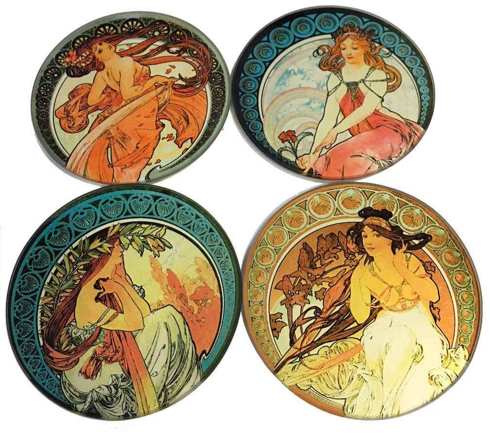 Mucha Paintings Glass Coasters Set of 4 with Storage Stand