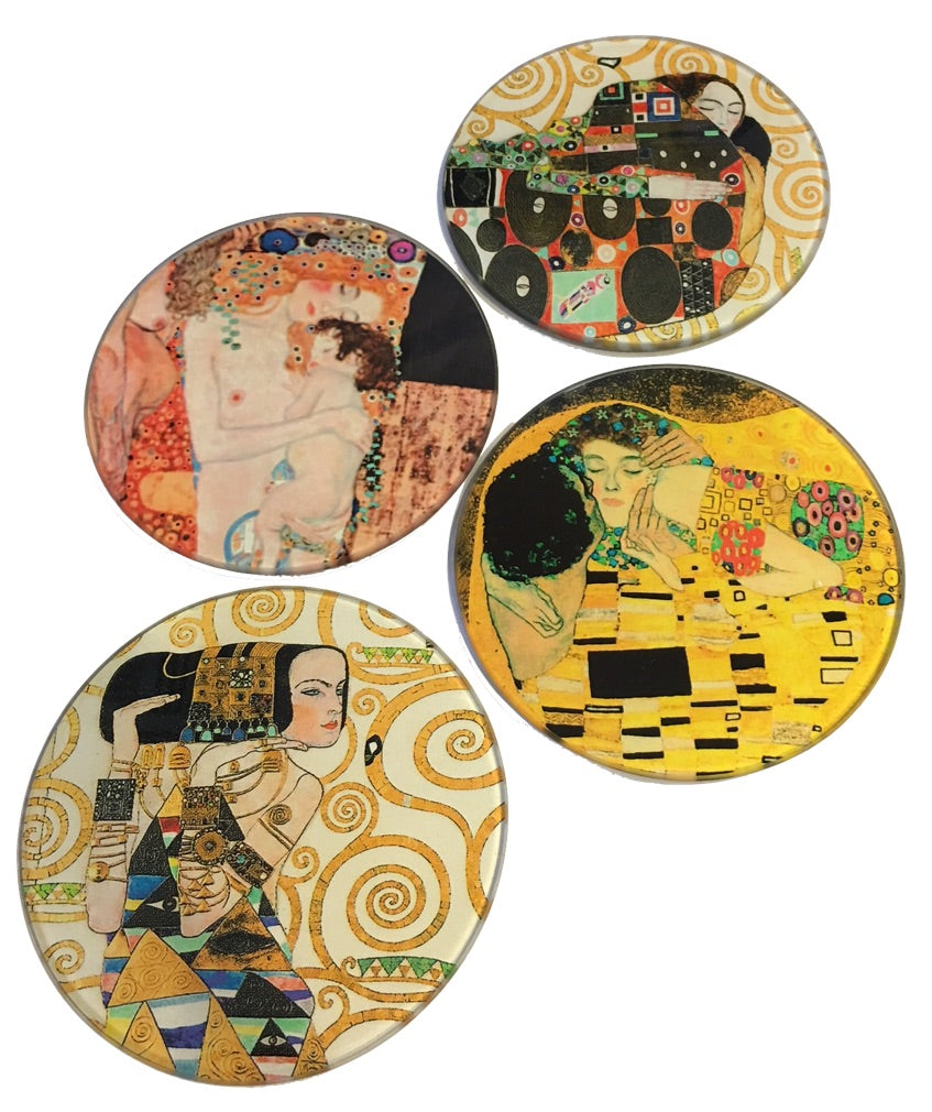 Klimt Paintings Glass Coasters Set of 4 with Storage Stand