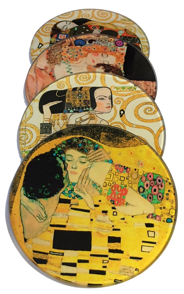 Klimt Paintings Glass Coasters Set of 4 with Storage Stand