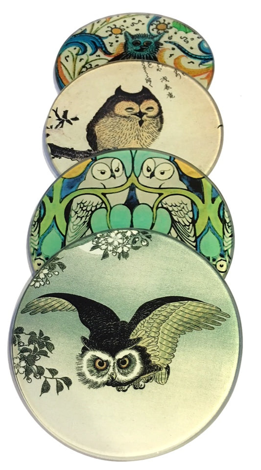 Owl Paintings Glass Coasters Set of 4 with Storage Stand