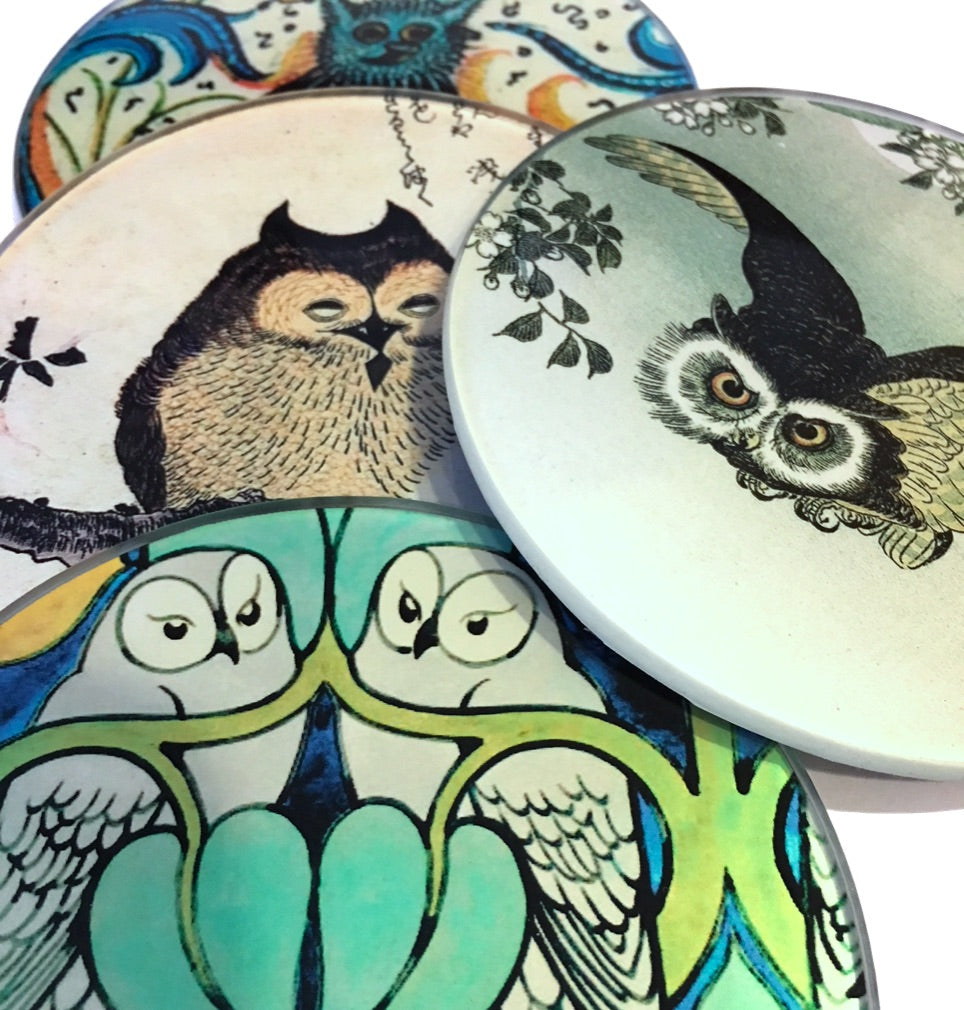 Owl Paintings Glass Coasters Set of 4 with Storage Stand