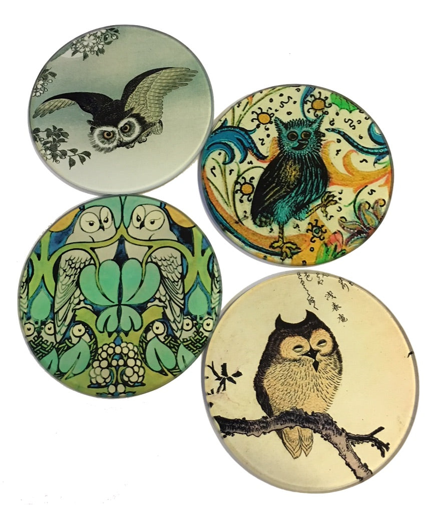 Owl Paintings Glass Coasters Set of 4 with Storage Stand