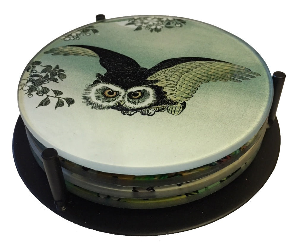 Owl Paintings Glass Coasters Set of 4 with Storage Stand