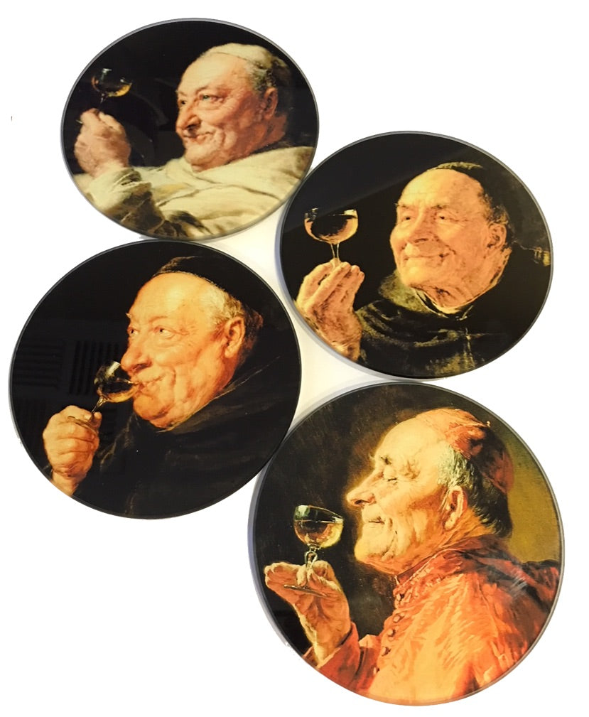Priests Drinking Grutner Paintings Glass Coasters Set of 4 with Storage Stand