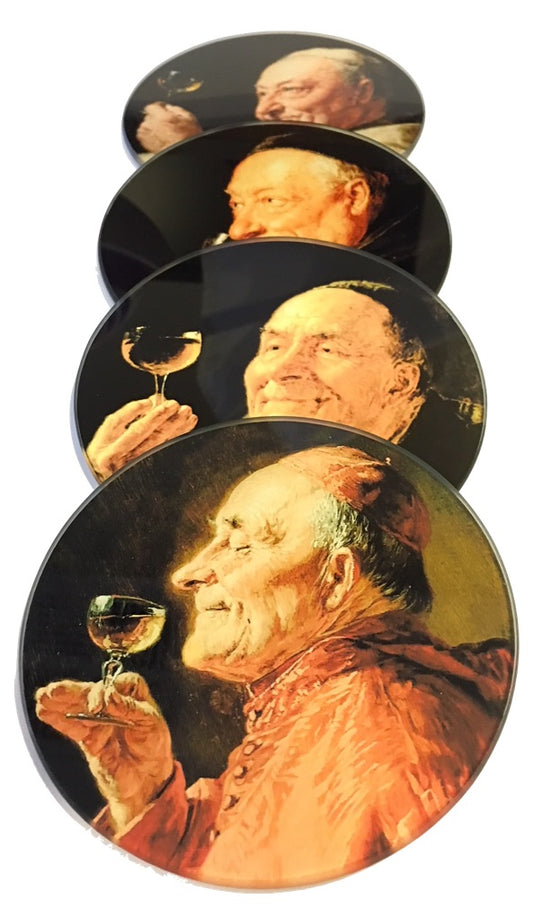 Priests Drinking Grutner Paintings Glass Coasters Set of 4 with Storage Stand