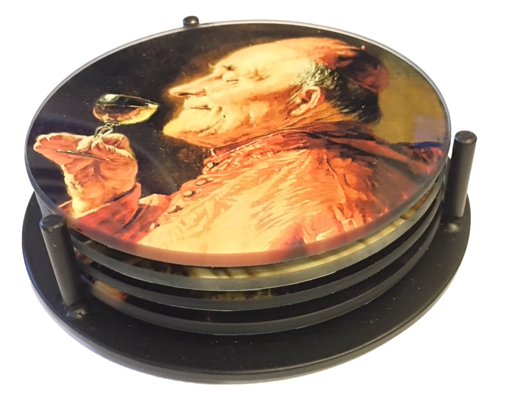 Priests Drinking Grutner Paintings Glass Coasters Set of 4 with Storage Stand