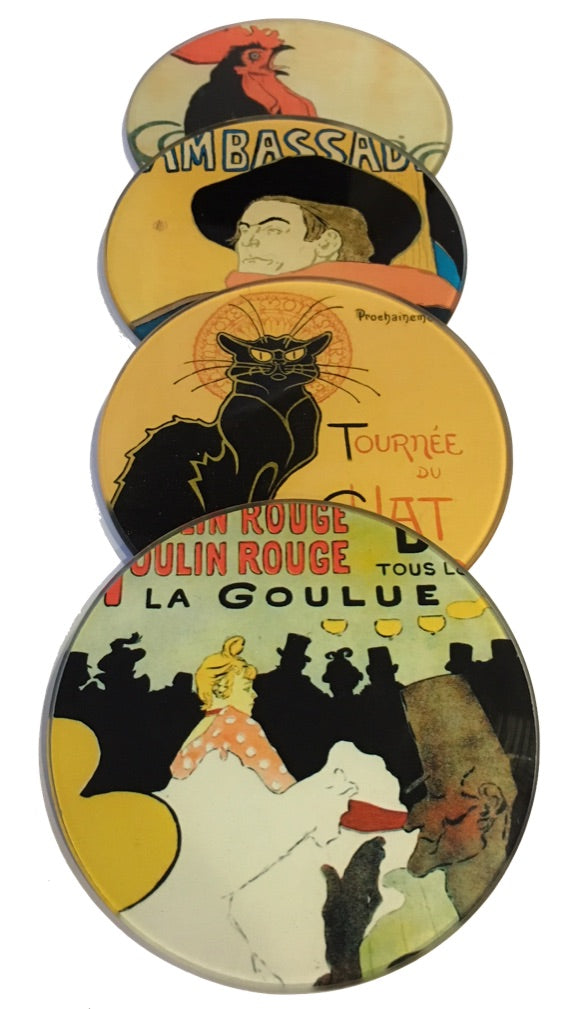 Parisian Posters Lautrec Steinlen Belle Epoque Glass Coasters Set of 4 with Storage Stand