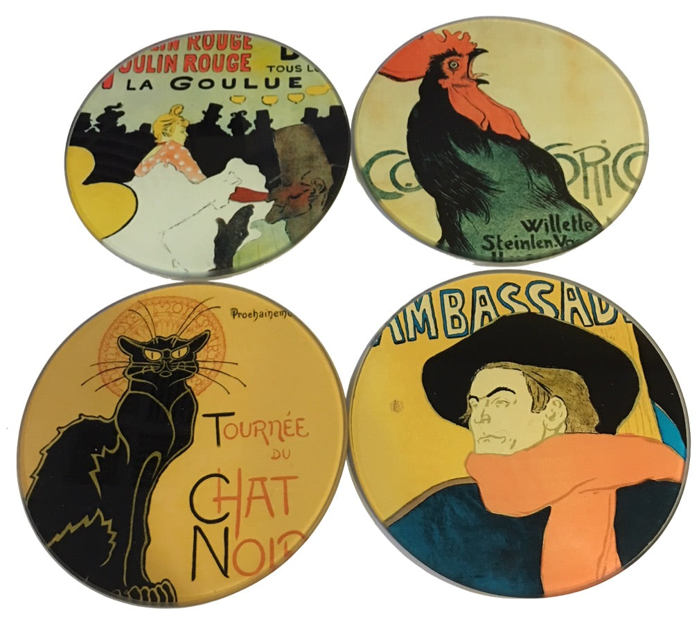 Parisian Posters Lautrec Steinlen Belle Epoque Glass Coasters Set of 4 with Storage Stand