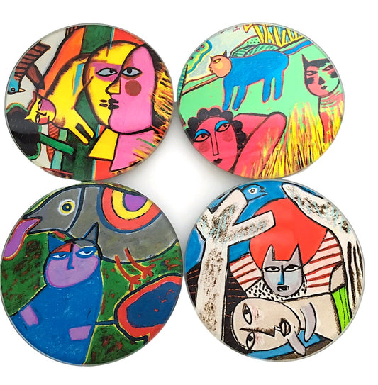Corneille Cat Abstract Paintings Bar Drink Glass Coasters Set of 4