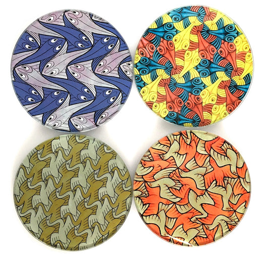 Escher Symmetry Birds Fish Geometric Bar Drink Glass Coasters Set of 4