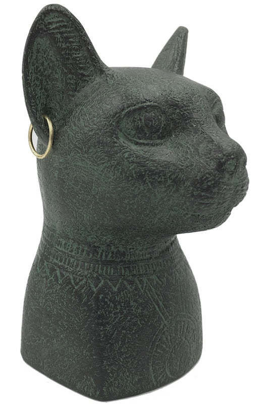 Bastet Cat Egyptian Bust with Earrings and Solar Disc Small Statue 3.4H