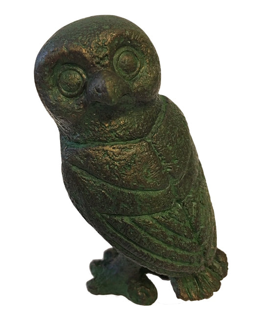 Greek Owl Head Turned Athena Miniature Small Statue, Green Bronze Finish