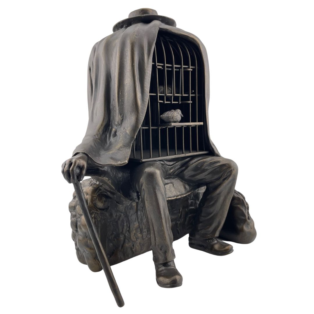 Magritte Healer (le Therapeute) Man with Birdcage Body Seated on Rock Surrealism Statue 7.75H