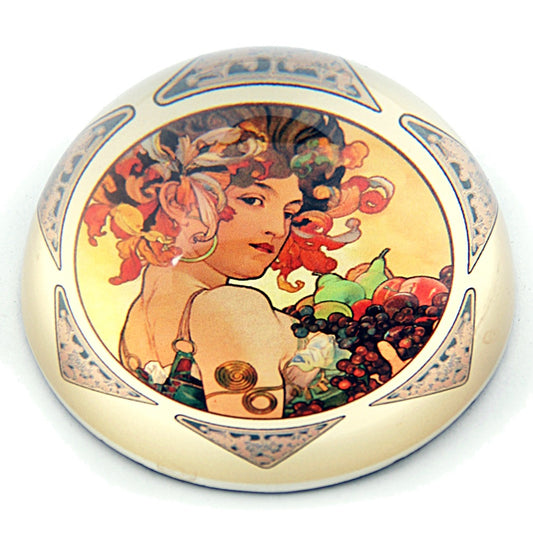 Mucha Lady Holding Fruit 1897 Belle Epoque Glass Dome Paperweight 3W