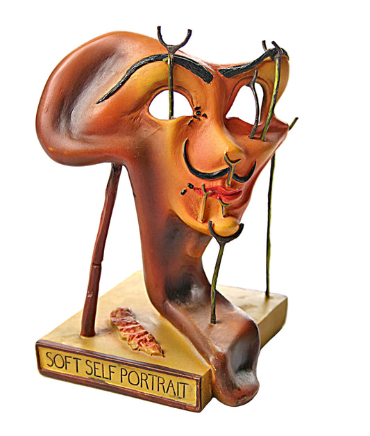 A statue adaptation of Salvador Dali's self-portrait with fried bacon, featuring a melting face being held up by two sticks in the surreal style.
