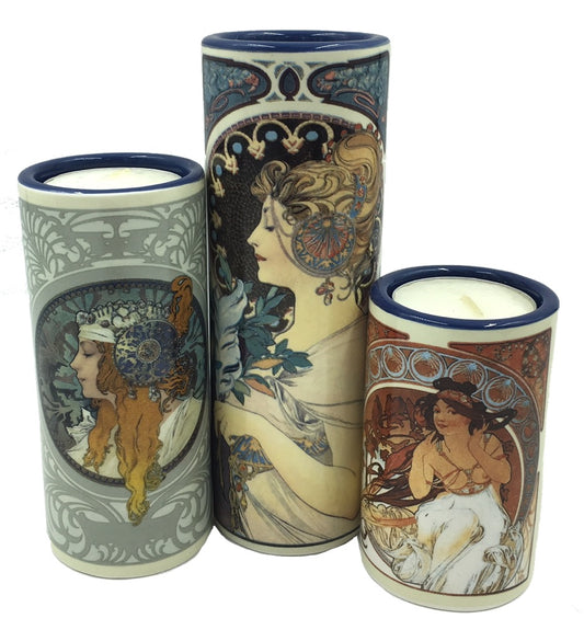 Mucha Women Cylinder Tealight Ceramic Candleholder Set of 3